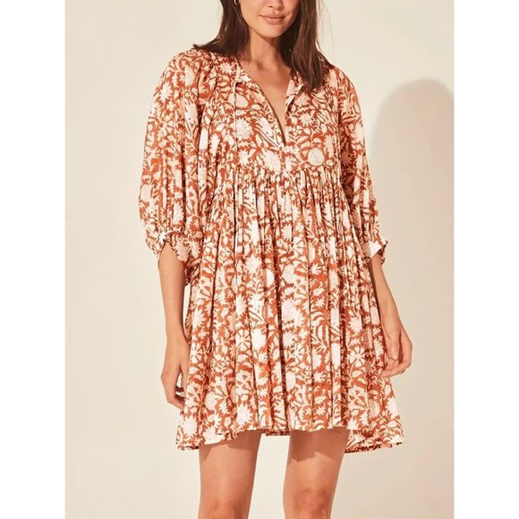 Floral Print Dolman Sleeves Pleated Dress - Rust - Picture 1 of 7